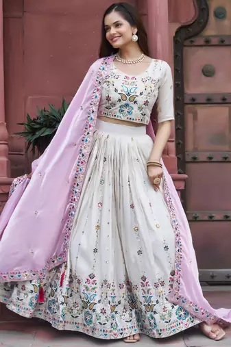 white tissue silk embroidered lehenga choli set
