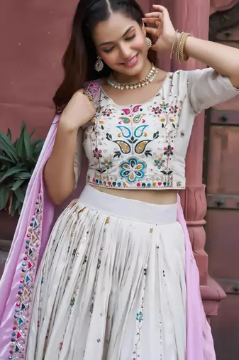 white tissue silk embroidered lehenga choli set