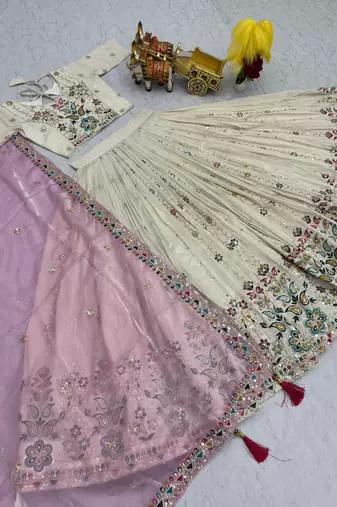 white tissue silk embroidered lehenga choli set