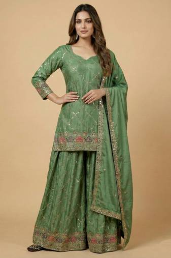 Sea-green designer faux silk readymade designer suit