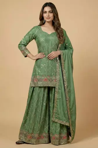 Sea-green designer faux silk readymade designer suit