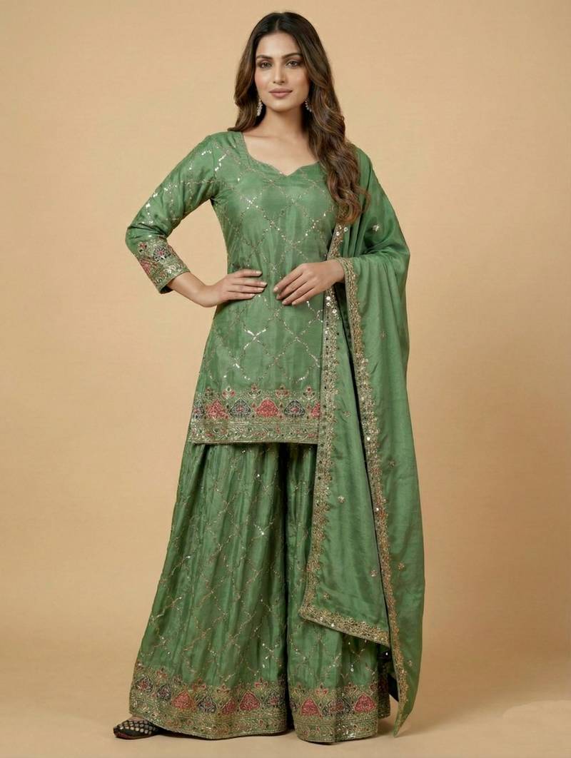 Sea-green designer faux silk readymade designer suit