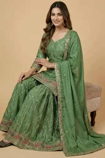 Sea-green designer faux silk readymade designer suit