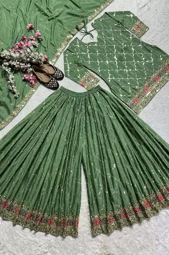 Sea-green designer faux silk readymade designer suit