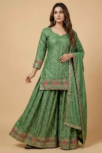 Sea-green designer faux silk readymade designer suit