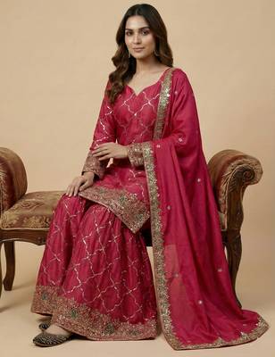 Pink designer faux silk readymade designer suit 1