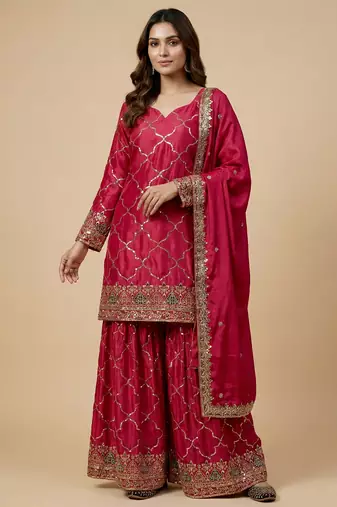 Pink designer faux silk readymade designer suit