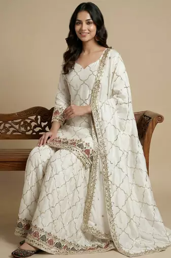 White designer faux silk readymade designer suit