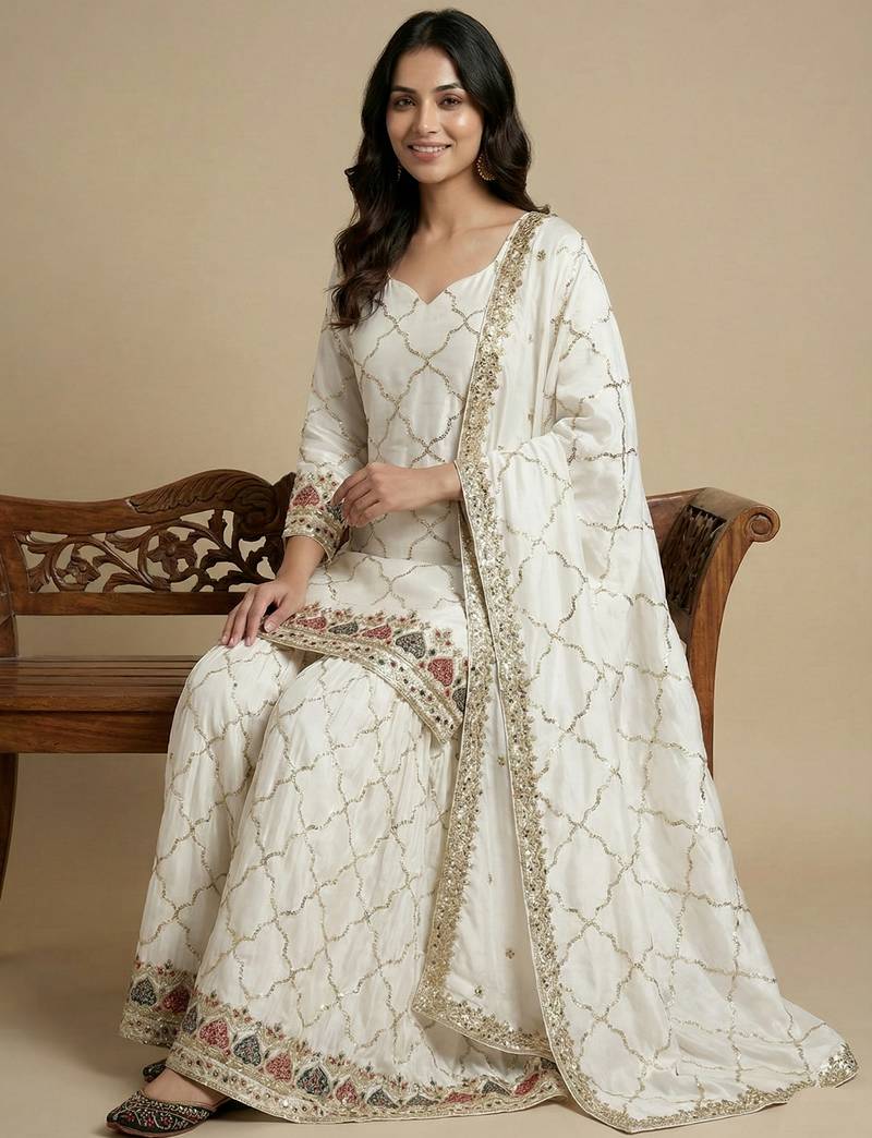White designer faux silk readymade designer suit