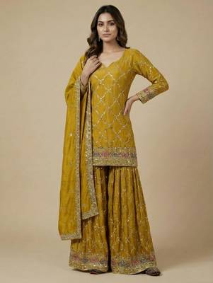 Yellow designer faux silk readymade designer suit 1