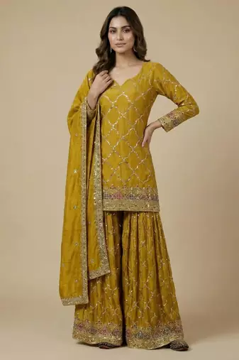 Yellow designer faux silk readymade designer suit
