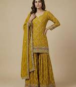 Yellow designer faux silk readymade designer suit