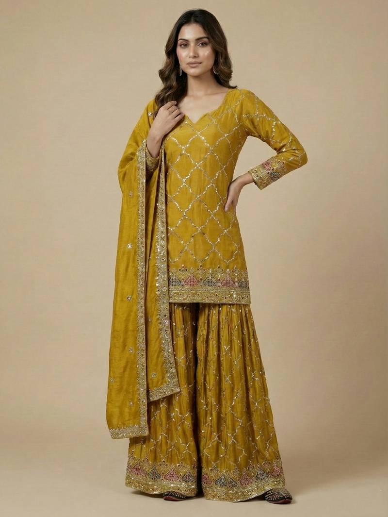 Yellow designer faux silk readymade designer suit