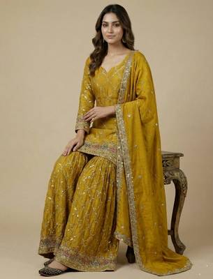 Yellow designer faux silk readymade designer suit 2