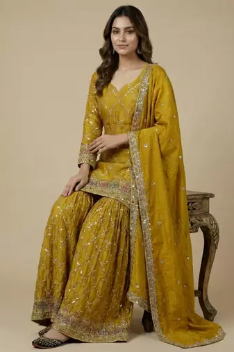 Yellow designer faux silk readymade designer suit