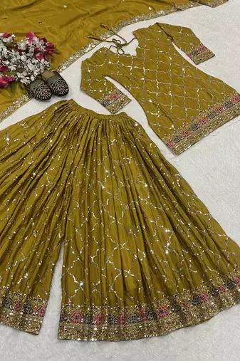 Yellow designer faux silk readymade designer suit