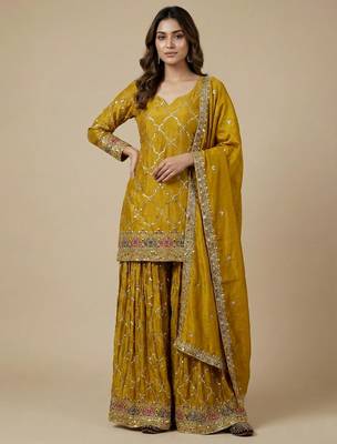 Yellow designer faux silk readymade designer suit 4