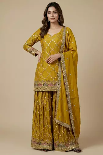 Yellow designer faux silk readymade designer suit