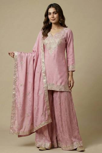Light-pink designer faux silk readymade designer suit