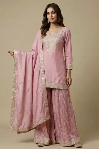 Light-pink designer faux silk readymade designer suit