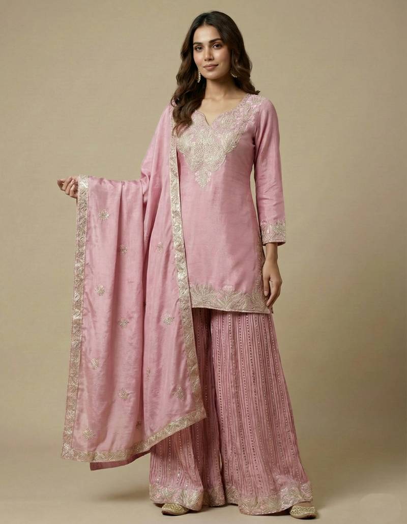 Light-pink designer faux silk readymade designer suit
