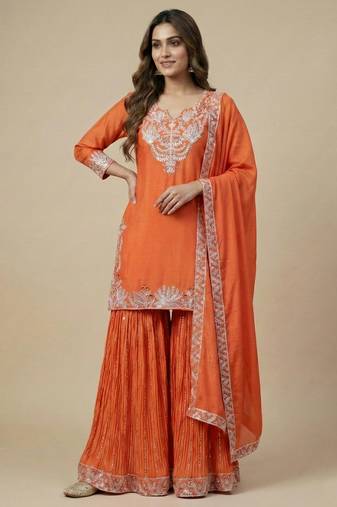 Orange designer faux silk readymade designer suit