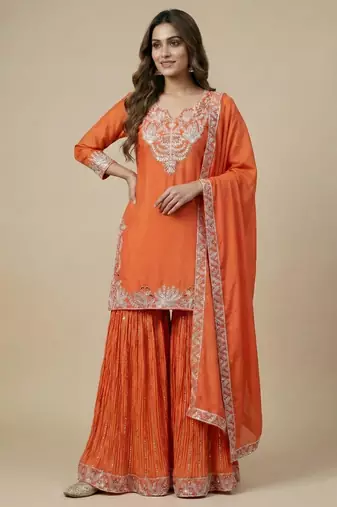 Orange designer faux silk readymade designer suit