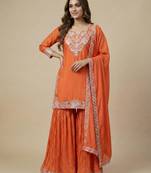 Orange designer faux silk readymade designer suit