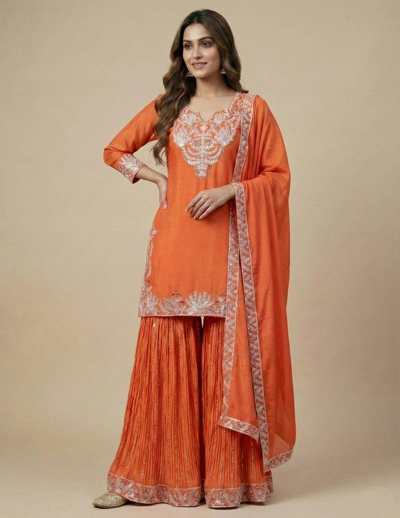 Orange designer faux silk readymade designer suit