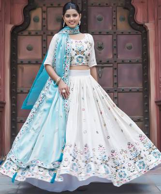 WHITE Women  s Pure Tissue Silk Heavy Embroidered Lehenga Choli with Sequins Work & Fendy Dupatta 1