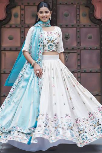 WHITE Women’s Pure Tissue Silk Heavy Embroidered Lehenga Choli with Sequins Work & Fendy Dupatta