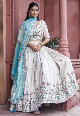 WHITE Women  s Pure Tissue Silk Heavy Embroidered Lehenga Choli with Sequins Work & Fendy Dupatta 2
