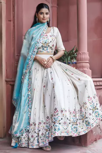 WHITE Women   s Pure Tissue Silk Heavy Embroidered Lehenga Choli with Sequins Work & Fendy Dupatta