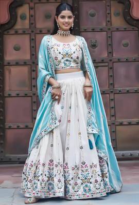 WHITE Women  s Pure Tissue Silk Heavy Embroidered Lehenga Choli with Sequins Work & Fendy Dupatta 3