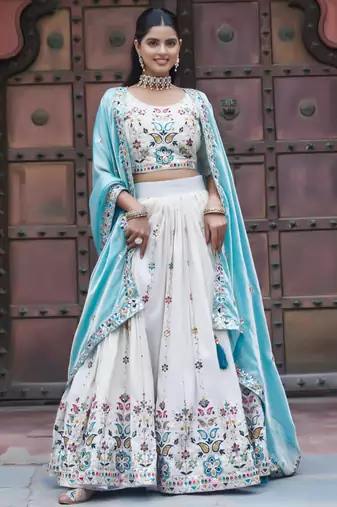 WHITE Women   s Pure Tissue Silk Heavy Embroidered Lehenga Choli with Sequins Work & Fendy Dupatta
