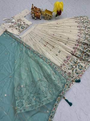 WHITE Women  s Pure Tissue Silk Heavy Embroidered Lehenga Choli with Sequins Work & Fendy Dupatta 4