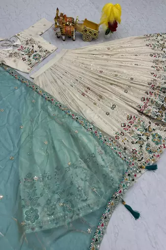 WHITE Women   s Pure Tissue Silk Heavy Embroidered Lehenga Choli with Sequins Work & Fendy Dupatta