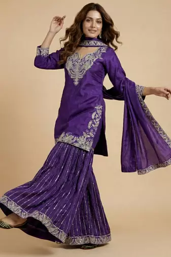 Purple designer faux silk readymade designer suit