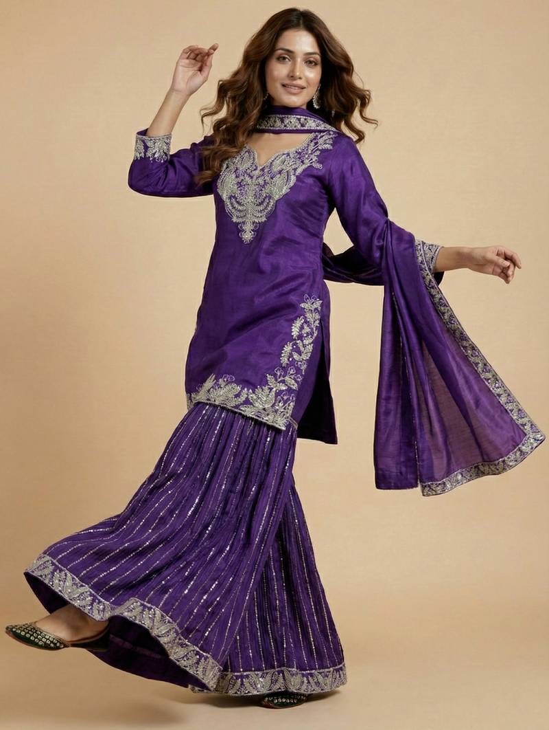 Purple designer faux silk readymade designer suit