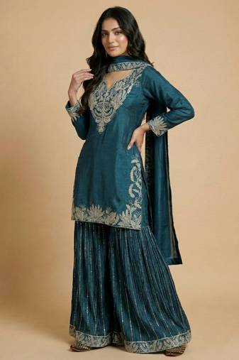 Teal designer faux silk readymade designer suit