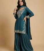 Teal designer faux silk readymade designer suit