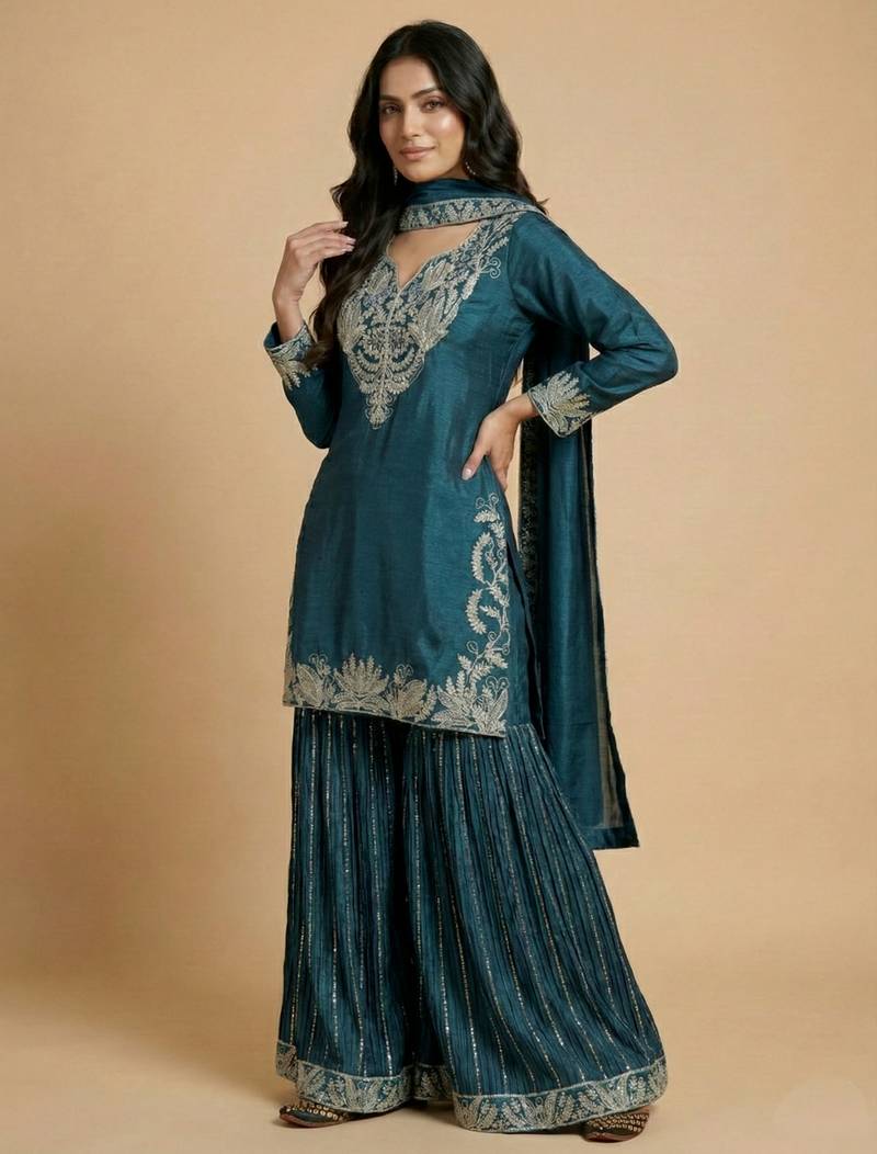 Teal designer faux silk readymade designer suit