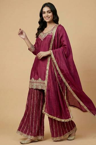 Wine designer faux silk readymade designer suit