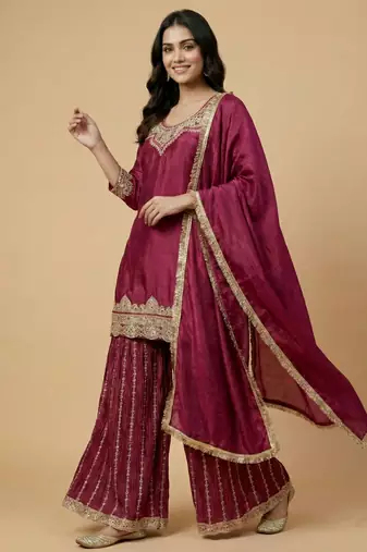 Wine designer faux silk readymade designer suit