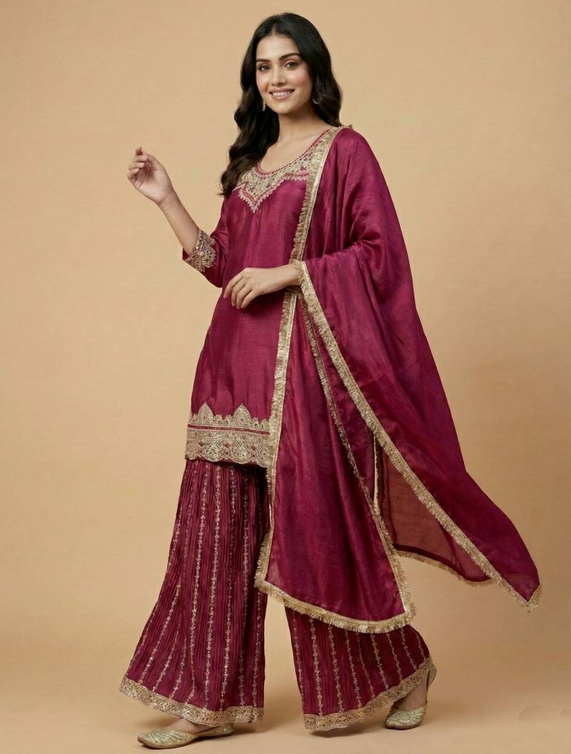 Wine designer faux silk readymade designer suit