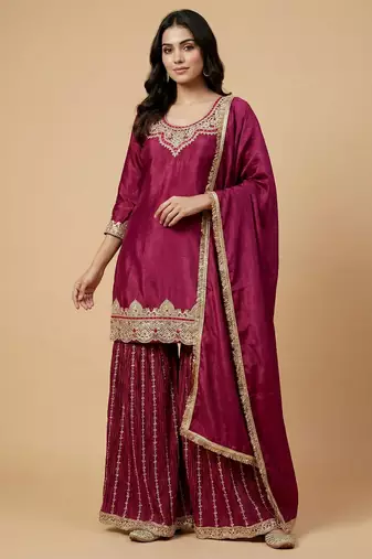 Wine designer faux silk readymade designer suit