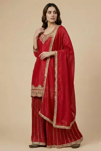 Red designer faux silk readymade designer suit