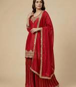 Red designer faux silk readymade designer suit