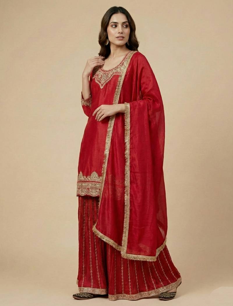 Red designer faux silk readymade designer suit