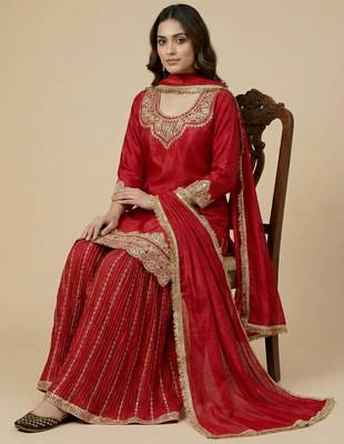 Red designer faux silk readymade designer suit 2